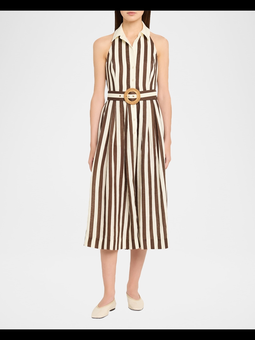 Cara Cara Quentin Sleeveless Brown and Cream Striped Midi Dress with Belt